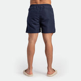 a back view for fit man wearing short navy blue 
