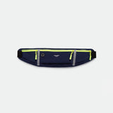 A navy blue running belt with three zippered pockets featuring bright yellow zippers, displayed against a plain light gray background