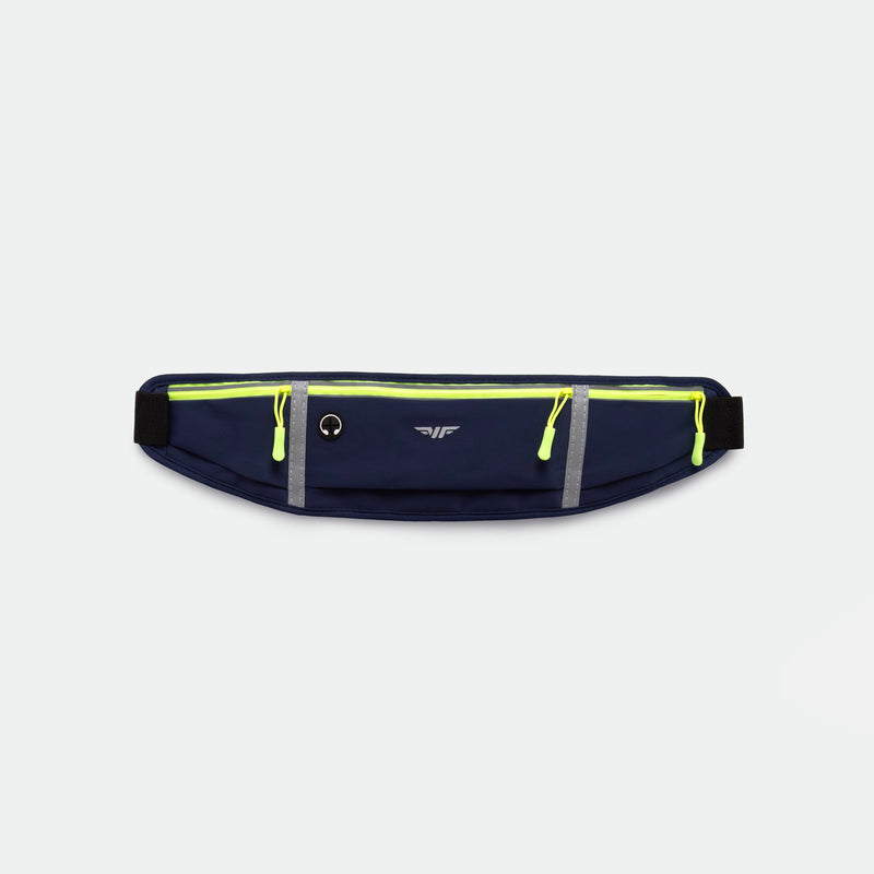 A navy blue running belt with three zippered pockets featuring bright yellow zippers, displayed against a plain light gray background