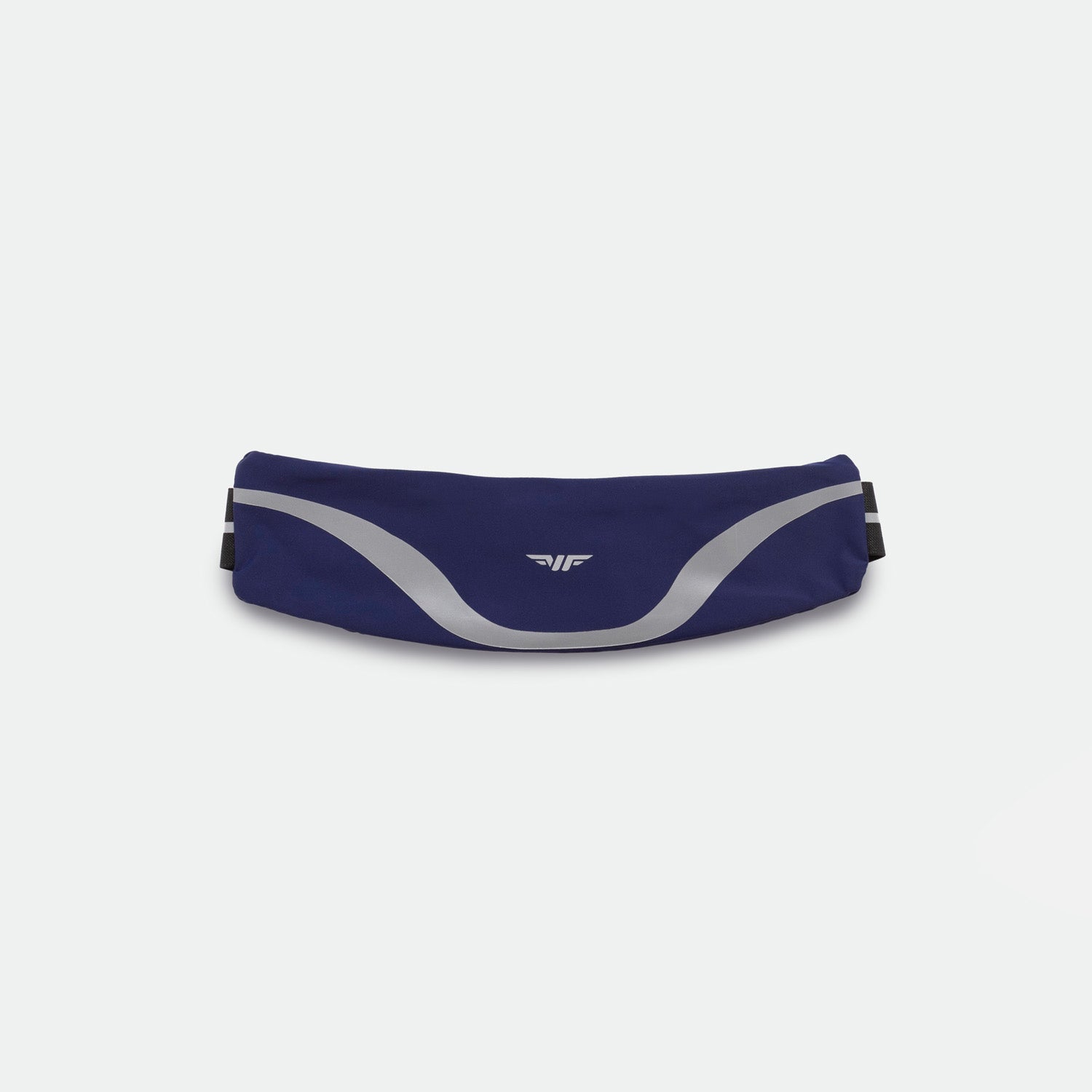A sleek, navy blue belt bag with reflective silver accents, featuring a simple logo at the center, set against a plain white background.