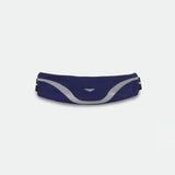 A sleek, navy blue belt bag with reflective silver accents, featuring a simple logo at the center, set against a plain white background.