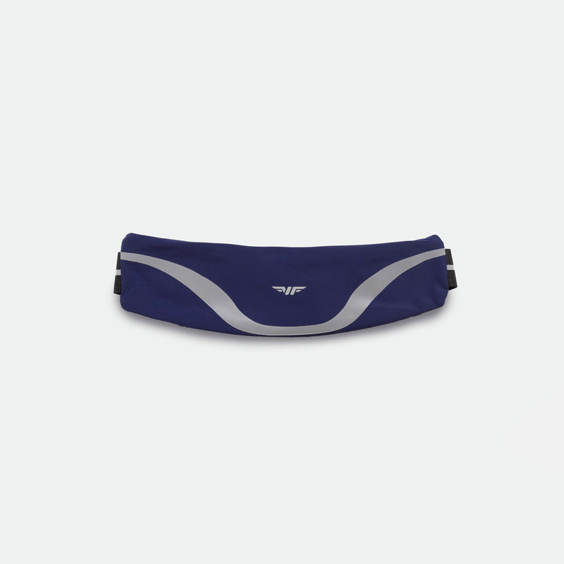 A sleek, navy blue belt bag with reflective silver accents, featuring a simple logo at the center, set against a plain white background.