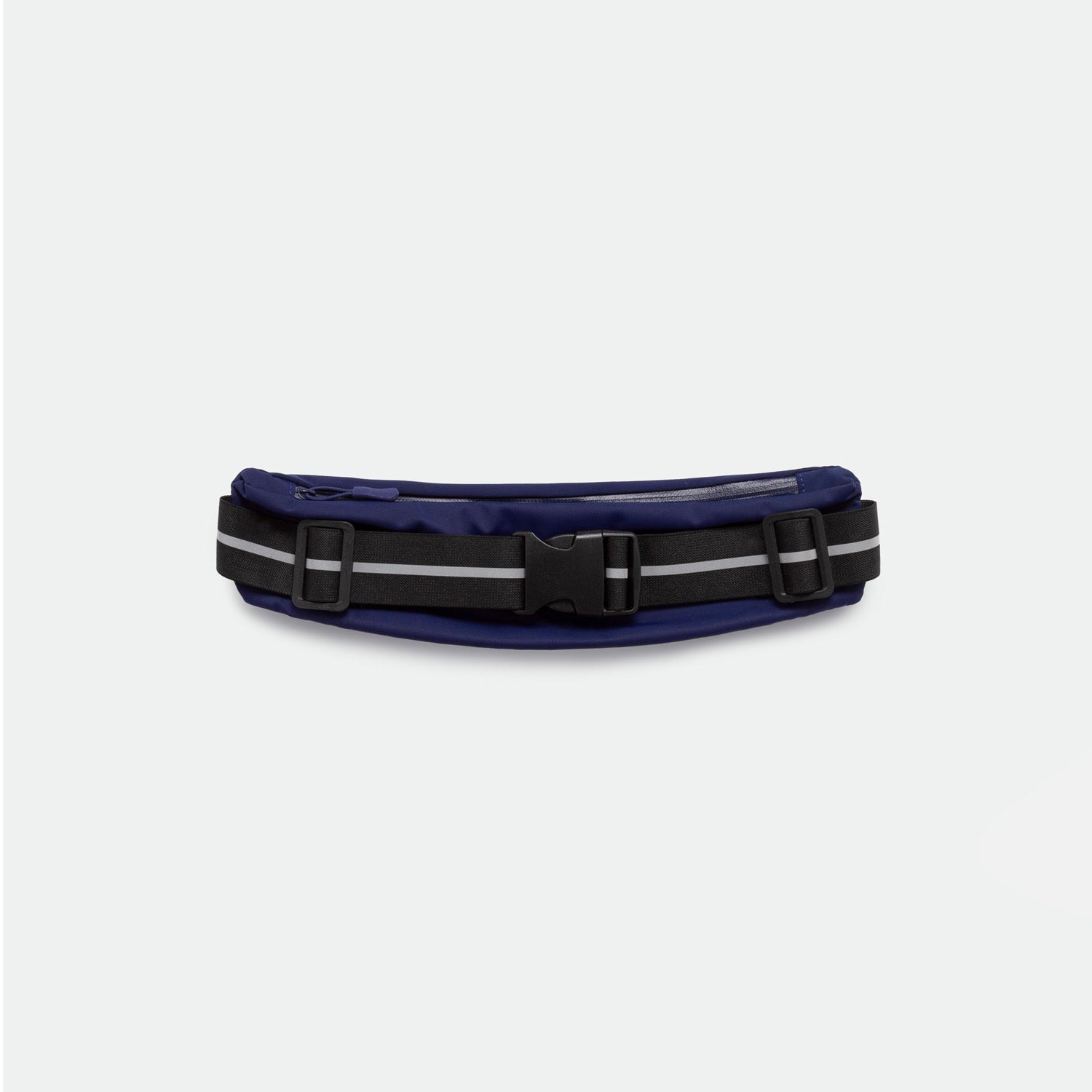 A navy blue belt bag with a black and gray adjustable strap. It has a central black buckle and a sleek, minimalist design on a light gray background.