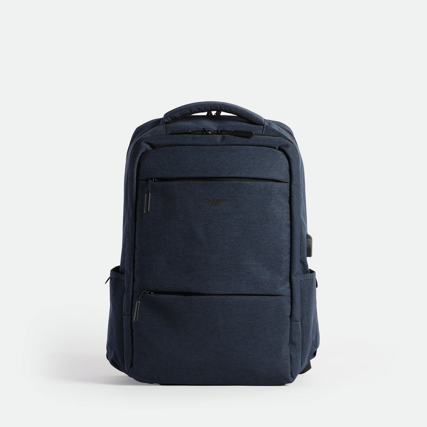  navy blue backpack with two front zippered pockets, side pockets, and a top handle, displayed against a plain light background.