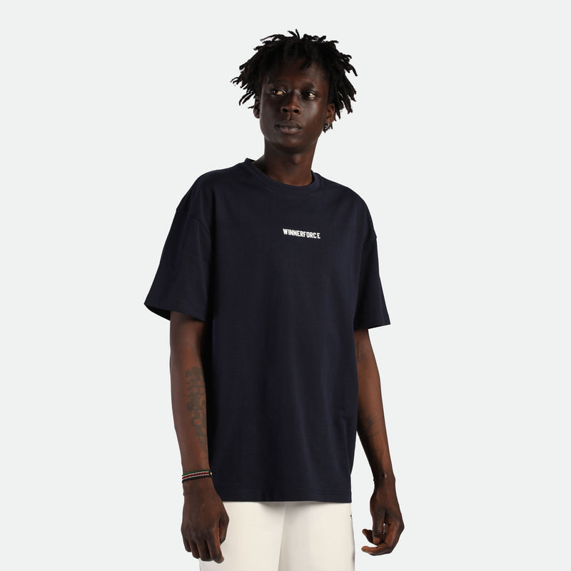 a fit man wearing t-shirt black with logo and pants beige 