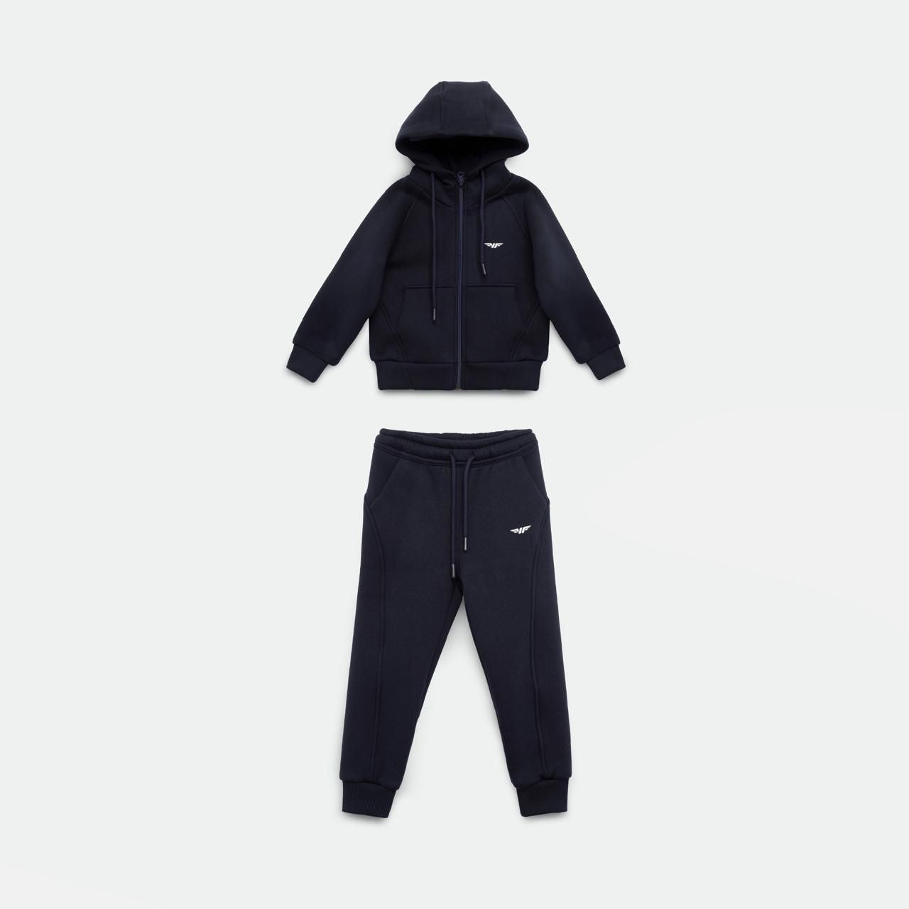 A black hooded zip-up jacket and matching jogger pants set, laid flat on a light background. The jacket has a small white logo on the chest, and the joggers feature a similar logo on the thigh. The set has a casual and sporty design