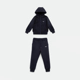 A black hooded zip-up jacket and matching jogger pants set, laid flat on a light background. The jacket has a small white logo on the chest, and the joggers feature a similar logo on the thigh. The set has a casual and sporty design