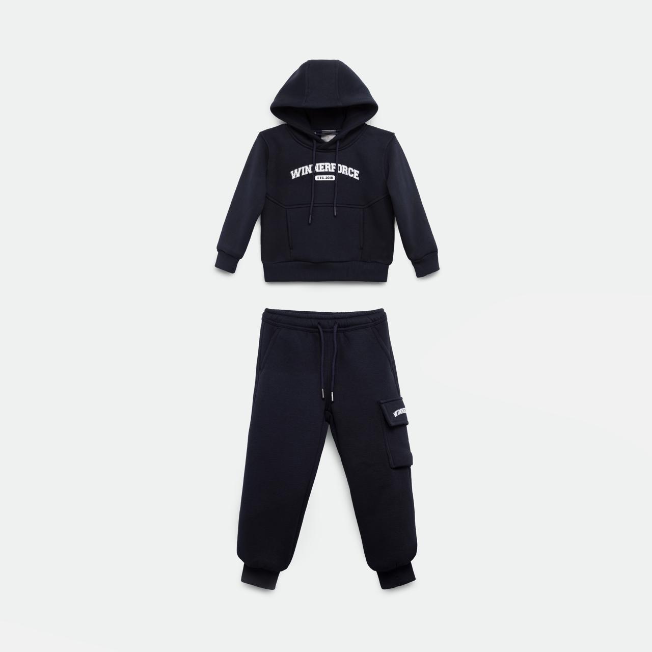 A black hooded sweatshirt and matching jogger pants set, laid flat on a light background. The hoodie features white text on the chest, and the joggers have a side pocket with a small label. The set has a casual and sporty design