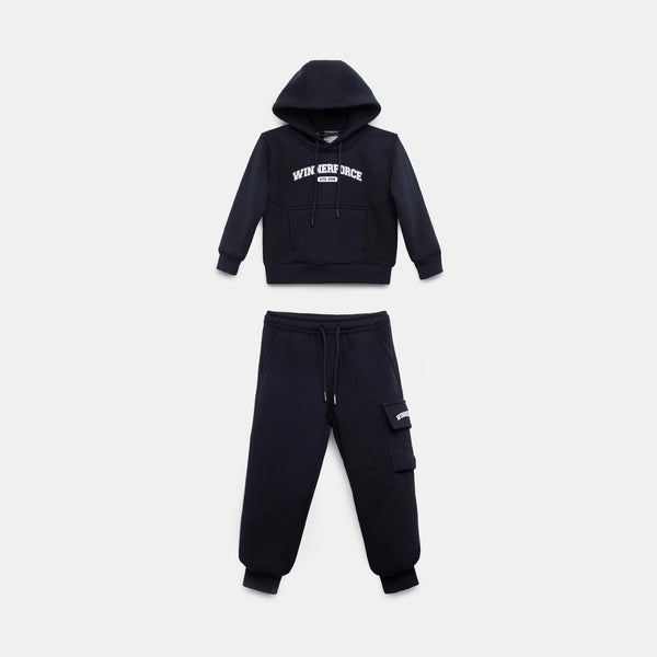 A black hooded sweatshirt and matching jogger pants set, laid flat on a light background. The hoodie features white text on the chest, and the joggers have a side pocket with a small label. The set has a casual and sporty design