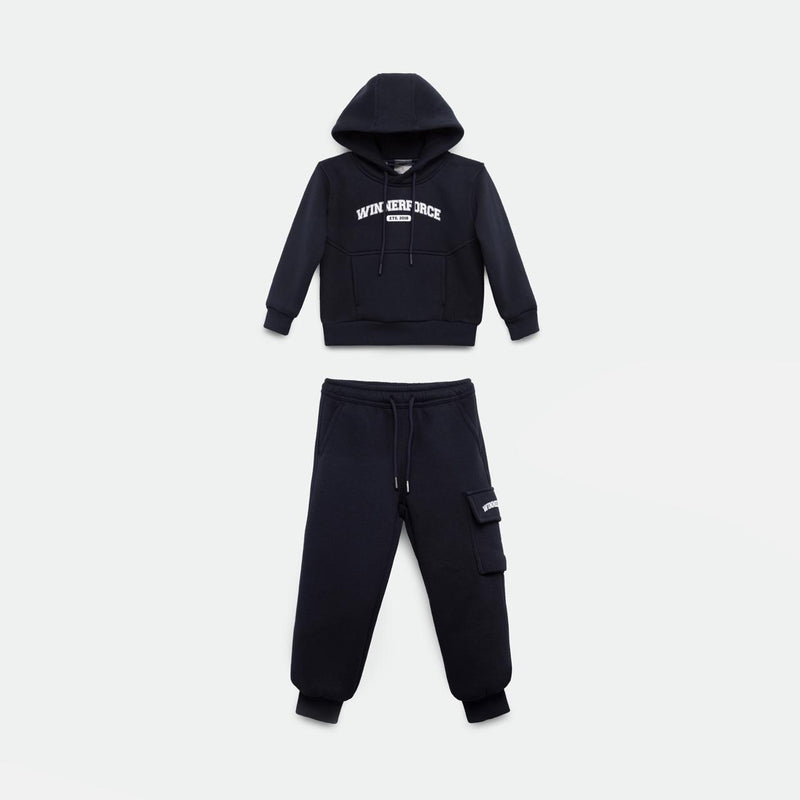 A black hooded sweatshirt and matching jogger pants set, laid flat on a light background. The hoodie features white text on the chest, and the joggers have a side pocket with a small label. The set has a casual and sporty design