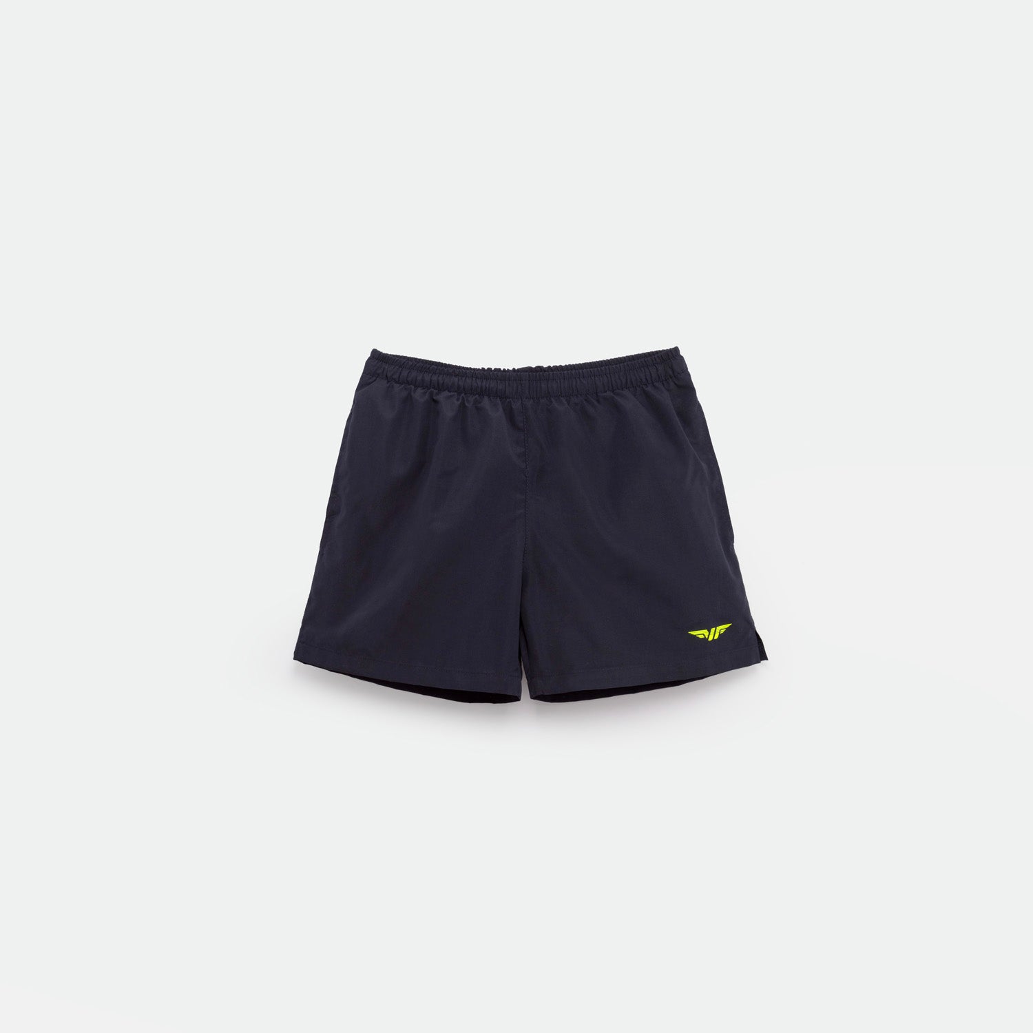 navy blue athletic shorts laid flat on a light background. The shorts have a small white logo on the lower left side and feature a simple, sporty design