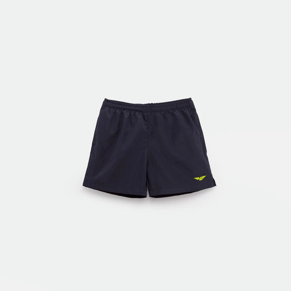 navy blue athletic shorts laid flat on a light background. The shorts have a small white logo on the lower left side and feature a simple, sporty design