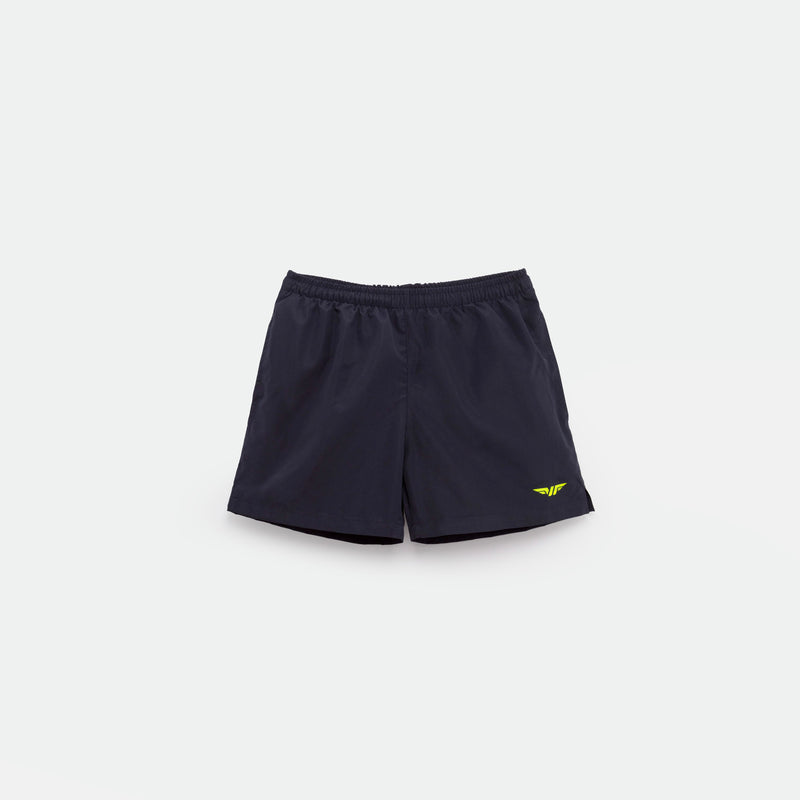 navy blue athletic shorts laid flat on a light background. The shorts have a small white logo on the lower left side and feature a simple, sporty design