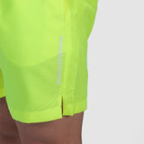 close up view for fit man wearing short neon yellow with logo 