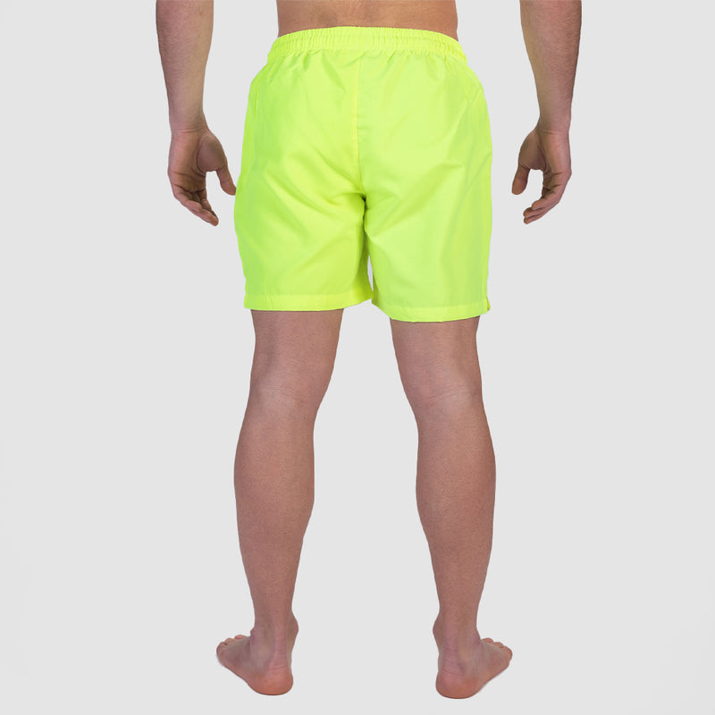 a back view for fit man wearing short neon  yellow 