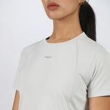 close up view for fit woman wearing t-shirt nimbus cloud with logo 