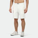 a fit man wearing short off- white with logo ,plus he wearing  shoes 