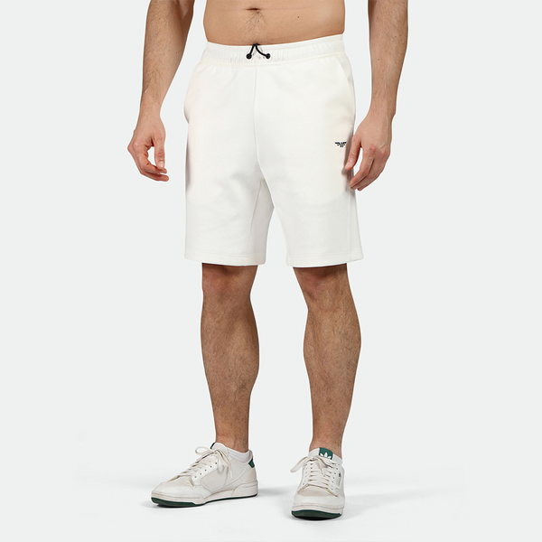 a fit man wearing short off- white with logo ,plus he wearing  shoes 