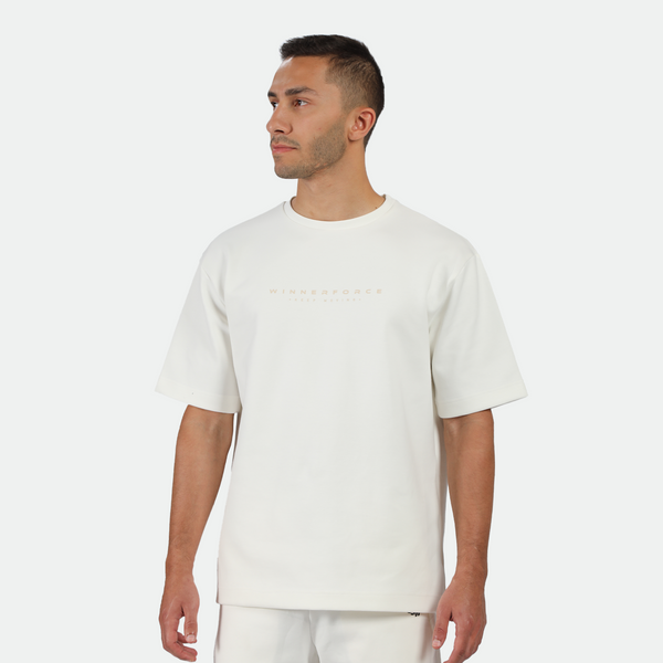 a fit man wearing matching set off white  ,t-shirt and short 