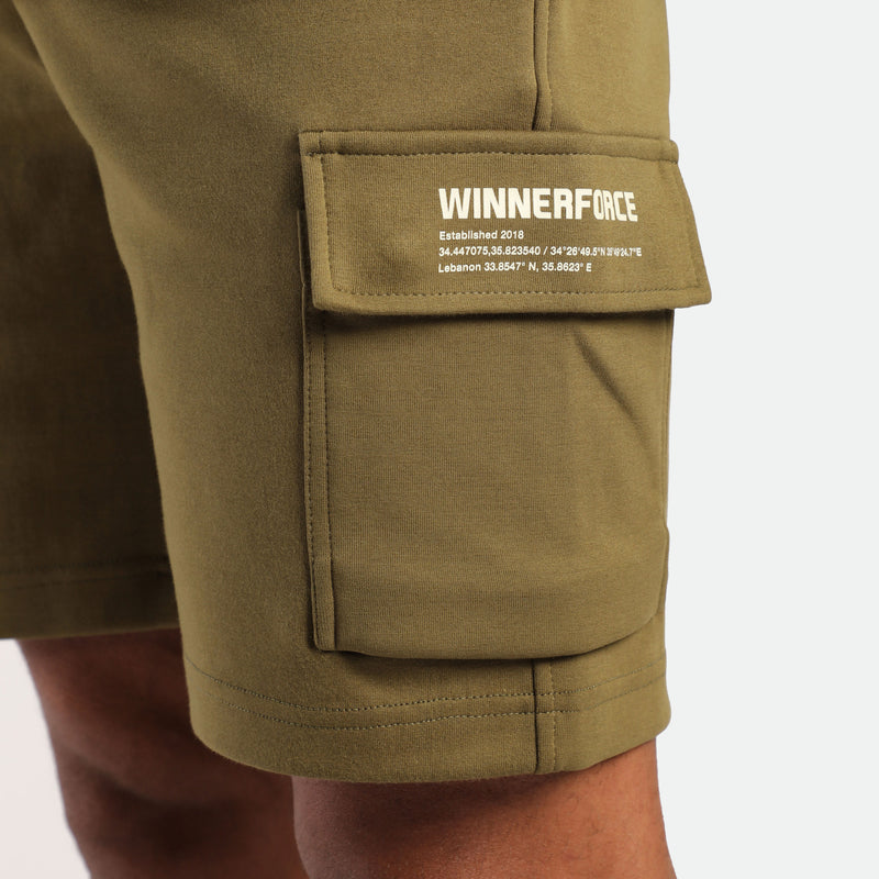 close up view for pocket of short  olive drop with logo 