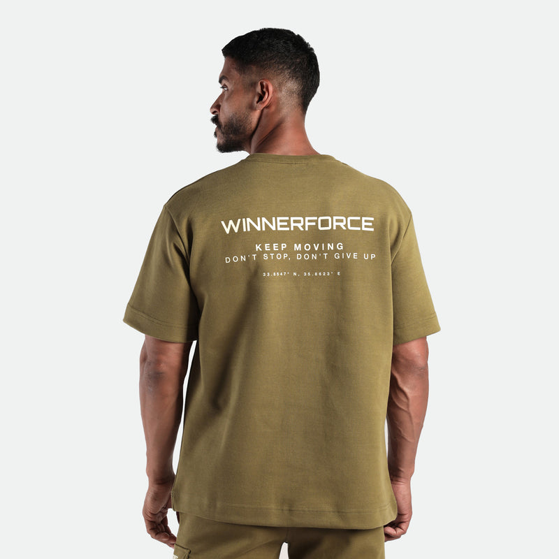 a back view for fit an wearing matching set olive drop t-shirt with logo and short 