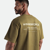 close u view for back view of man wearing t-shirt olive drop with logo 