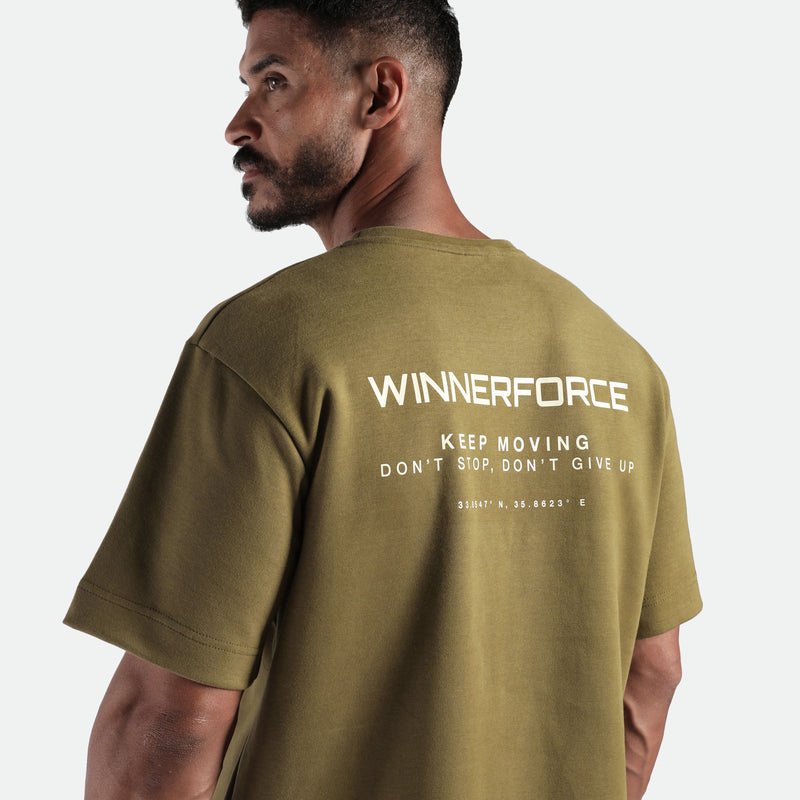 close u view for back view of man wearing t-shirt olive drop with logo 