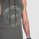 a fit man wearing half hoodie in half with logo 