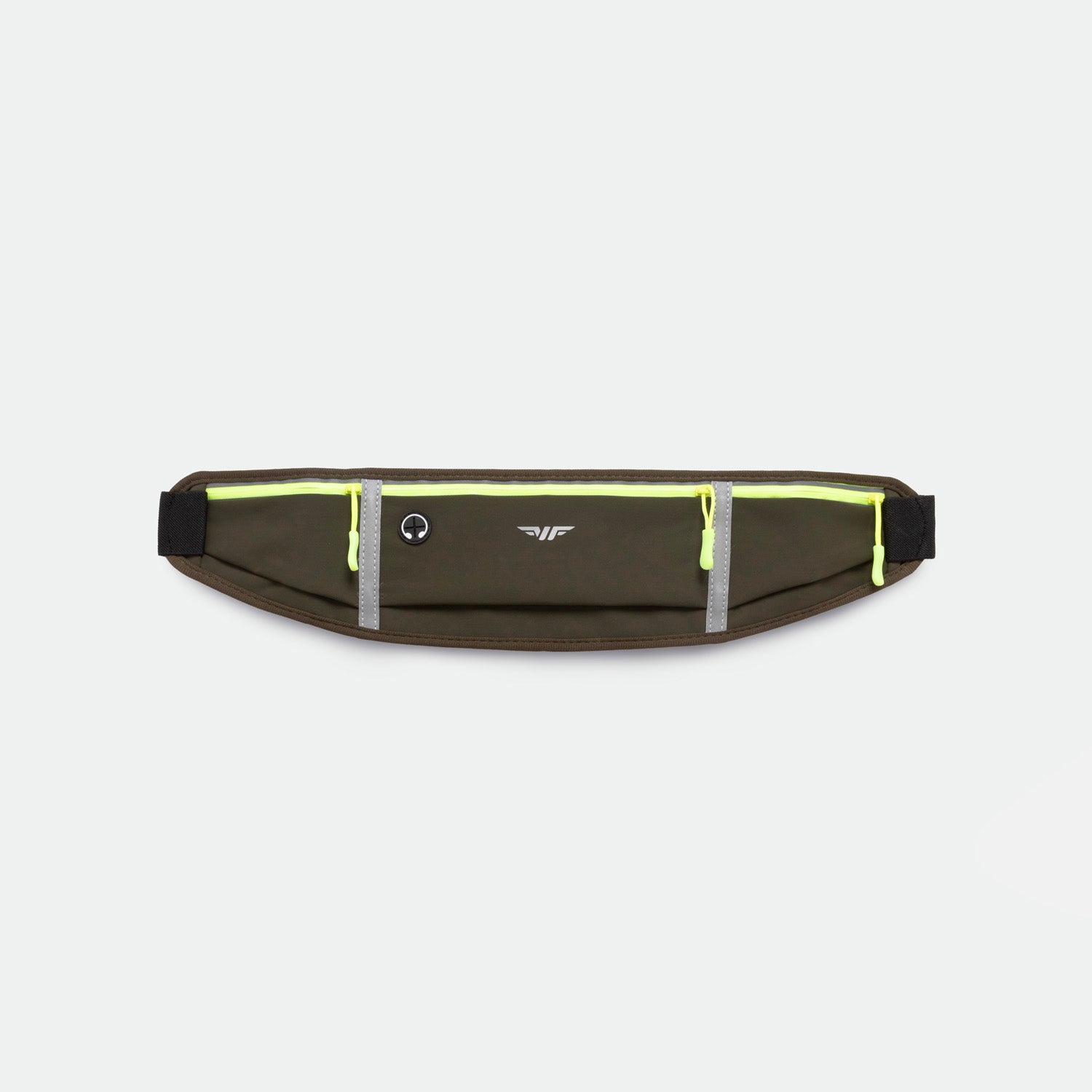 A DARK-OLIVE running belt with three zippered pockets featuring bright yellow zippers, displayed against a plain light gray background