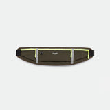 A DARK-OLIVE running belt with three zippered pockets featuring bright yellow zippers, displayed against a plain light gray background