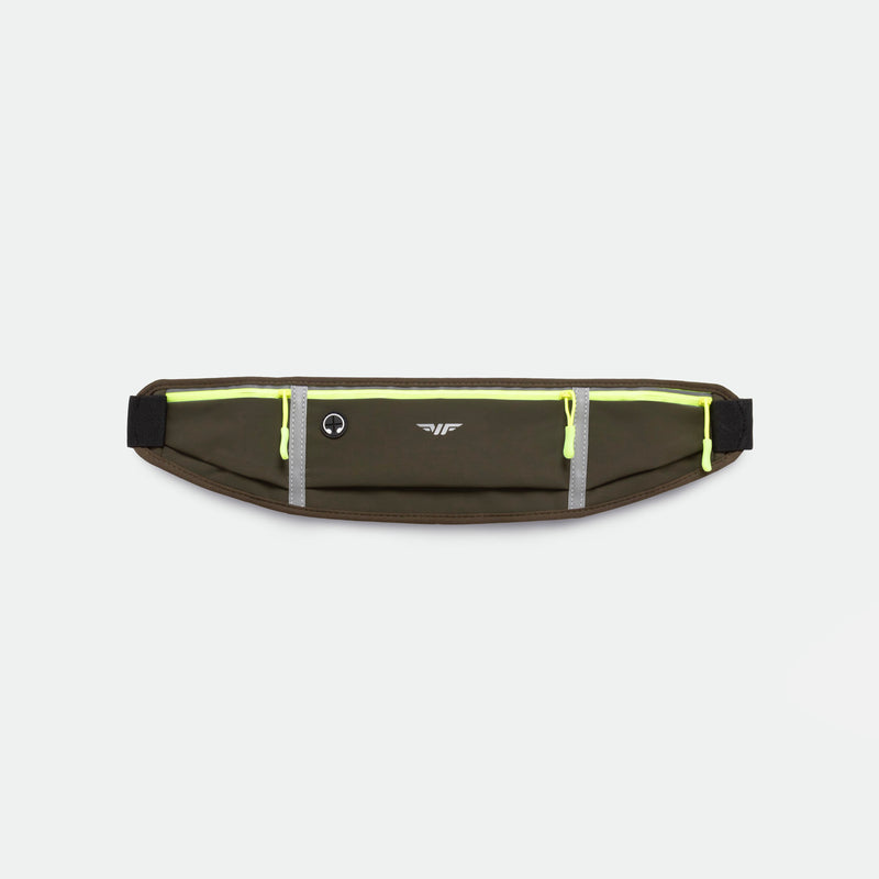 A DARK-OLIVE running belt with three zippered pockets featuring bright yellow zippers, displayed against a plain light gray background