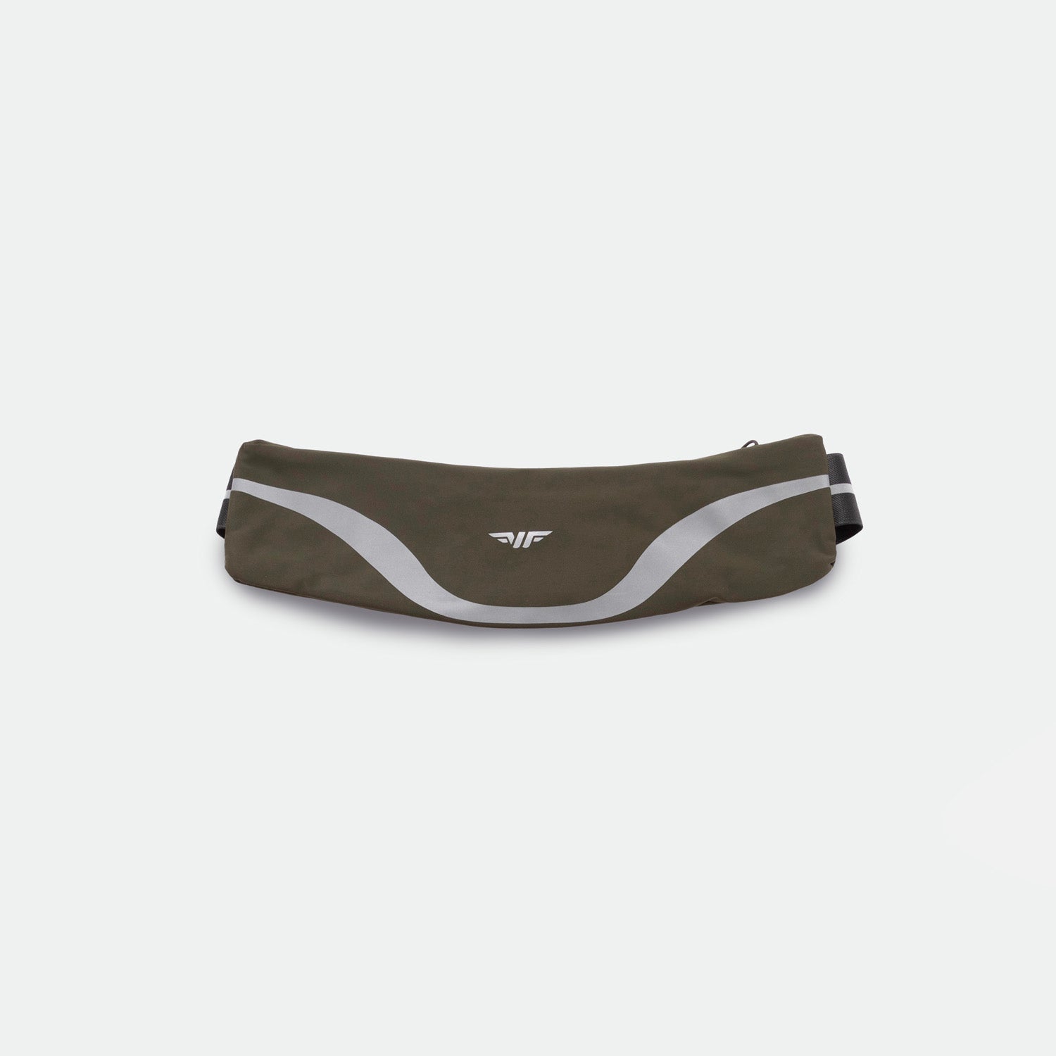 A dark olive green waist bag with a white and black stripe design, likely made of fabric with a solid pattern.