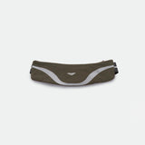 A dark olive green waist bag with a white and black stripe design, likely made of fabric with a solid pattern.