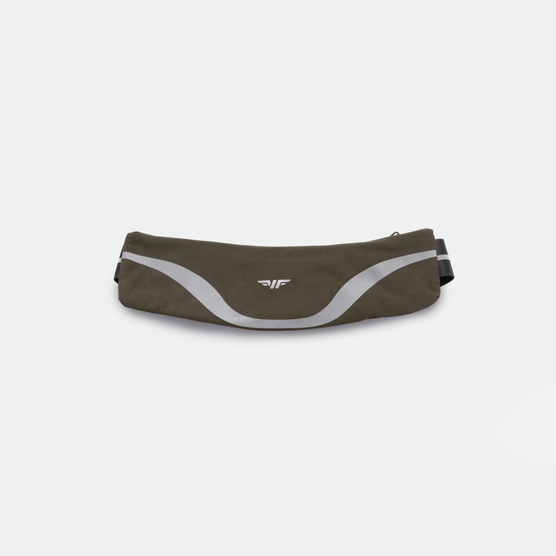 A dark olive green waist bag with a white and black stripe design, likely made of fabric with a solid pattern.