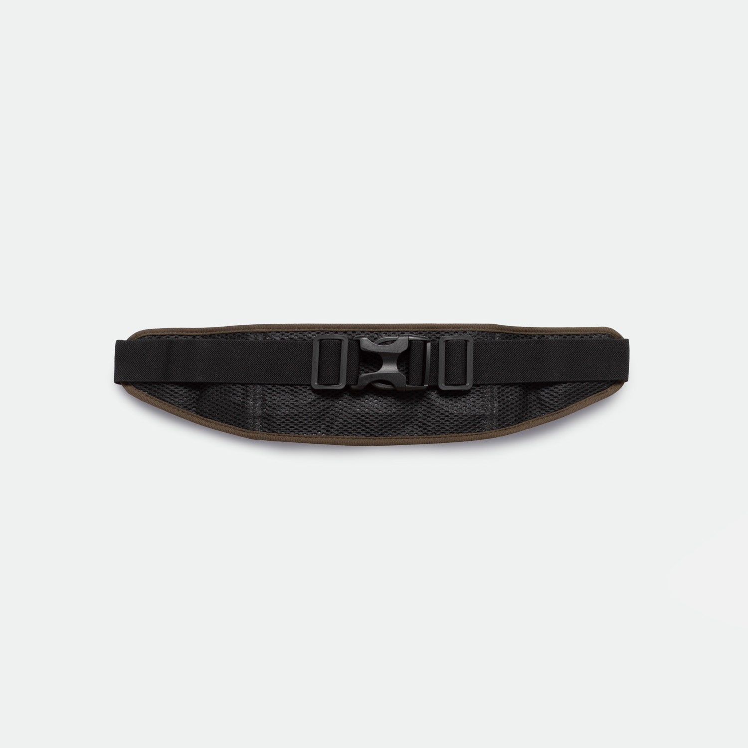 A dark olive  utility belt with an adjustable buckle and two side straps, displayed on a plain white background