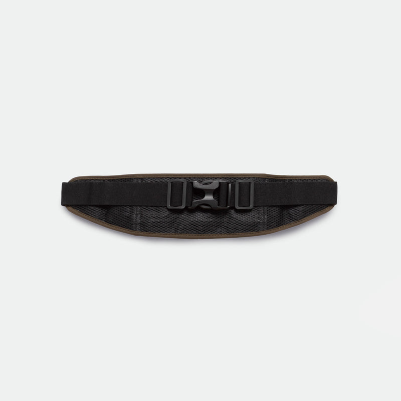 A dark olive  utility belt with an adjustable buckle and two side straps, displayed on a plain white background