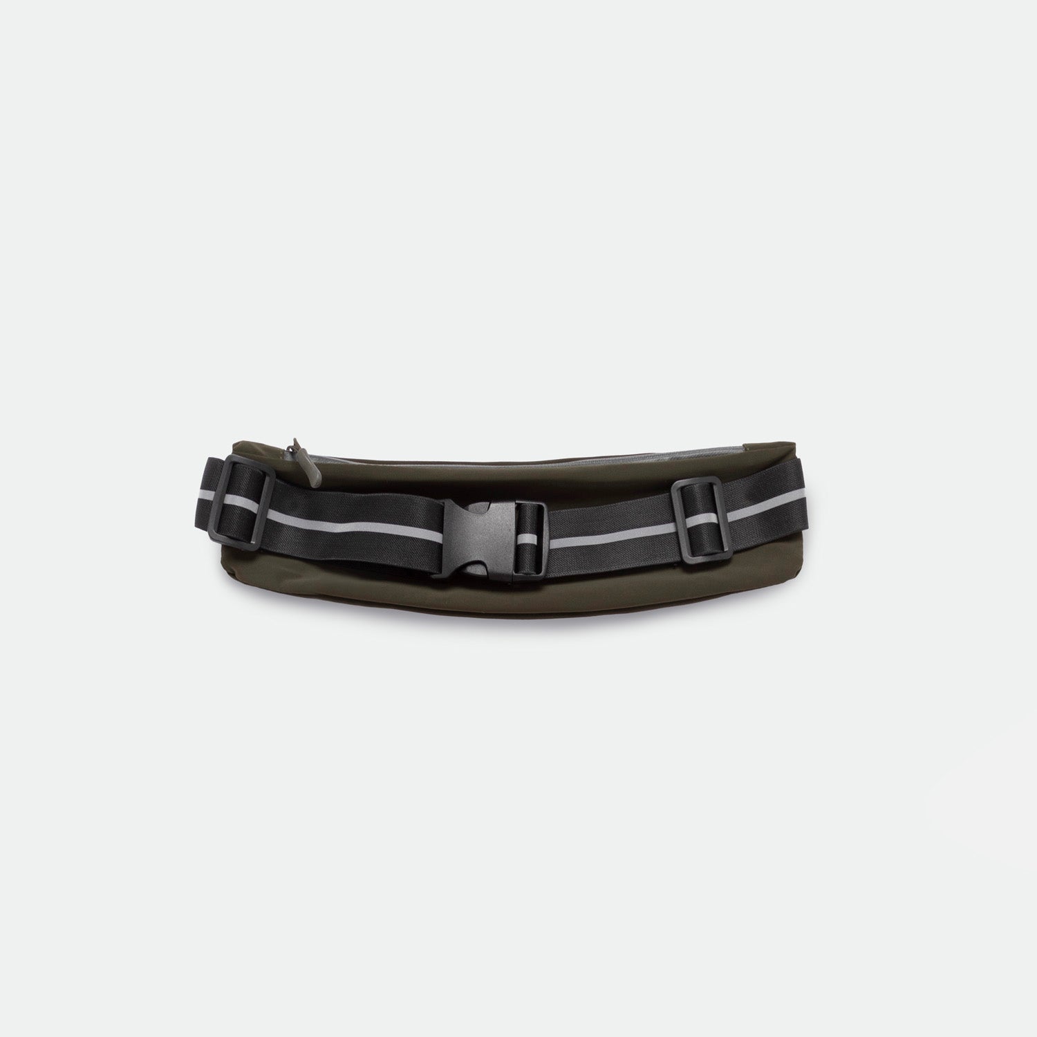 Dark green belt bag with black adjustable strap, featuring reflective gray stripes and a buckle closure, set against a plain white background.