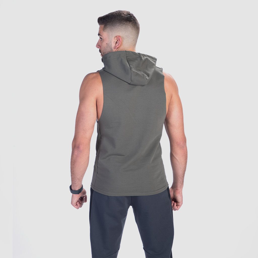 a back view for fit man wearing half hoodie with pants grey 