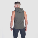 a back view for fit man wearing half hoodie with pants grey 