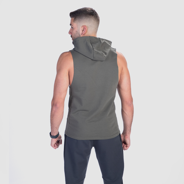 a back view for fit man wearing half hoodie with pants grey 