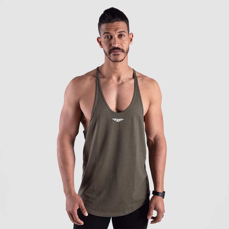 A man wearing an olive-green gym tank top with a scooped neckline and a racerback design.