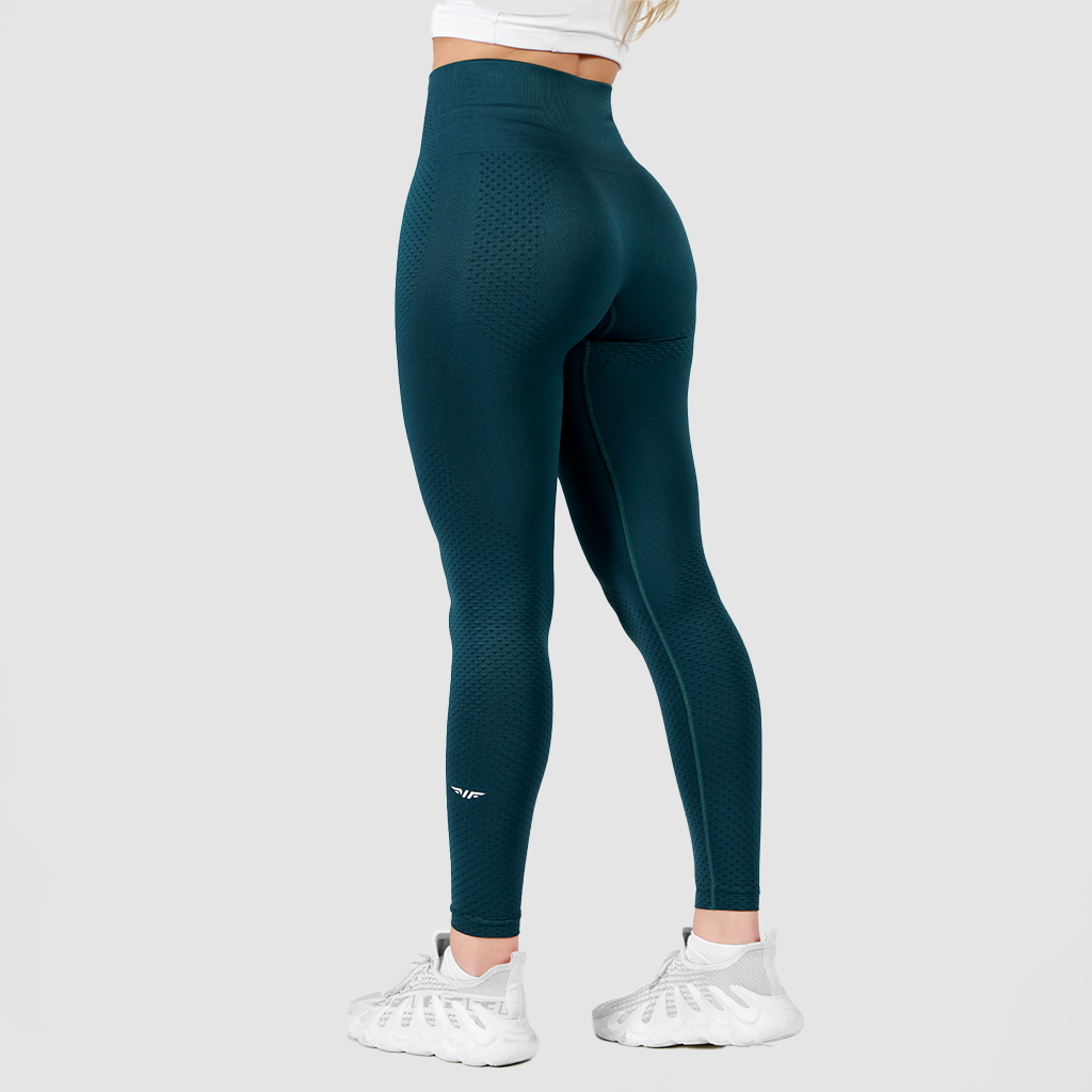  a back view for fit woman wearing legging seamless green with logo and shoes white ,plus the background  light grey 
