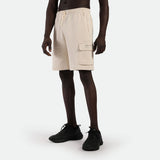 a fit man wearing short light beige with pocket and logo ,plus he wearing short black 