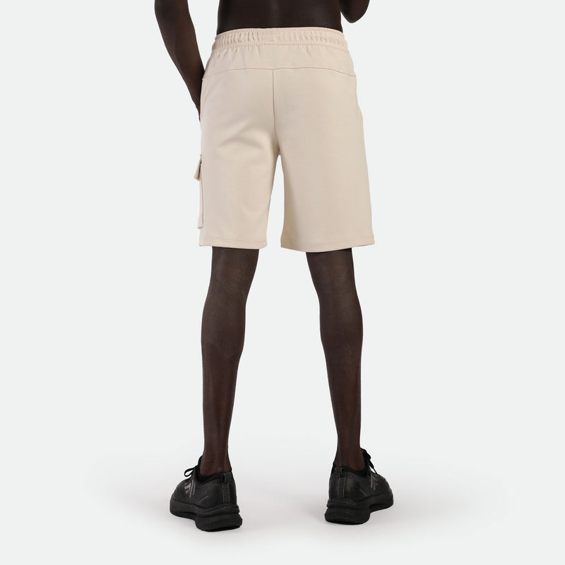 a back view for man wearing short beige with shoes black 