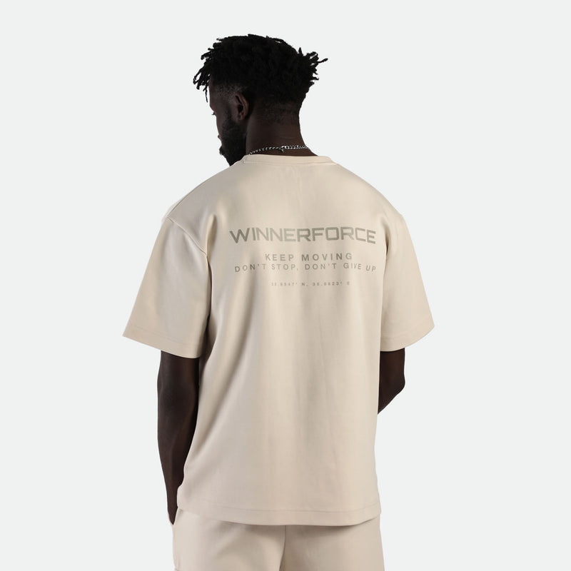 a back view for fit man wearing matching set light grey t-shirt with logo and short 