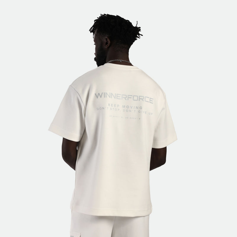 a back view for fit man wearing matching set  off white t-shirt with logo and  short 