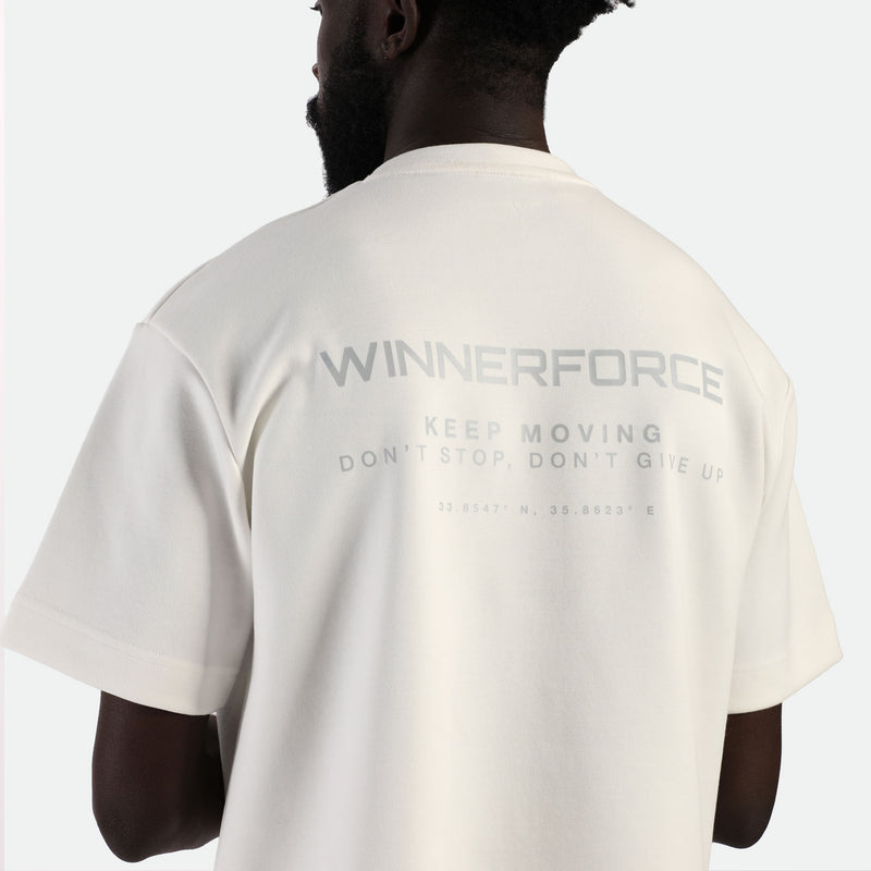 a back view for fit man wearing  t-shirt white with logo 