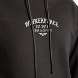 close  up view for hoodie pirate black with logo and lace