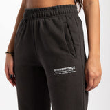 close up view for pockets of  pants grey with logo white ,plus the background is light grey 
