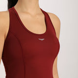close up view for fit woman wearing dress red  with logo 